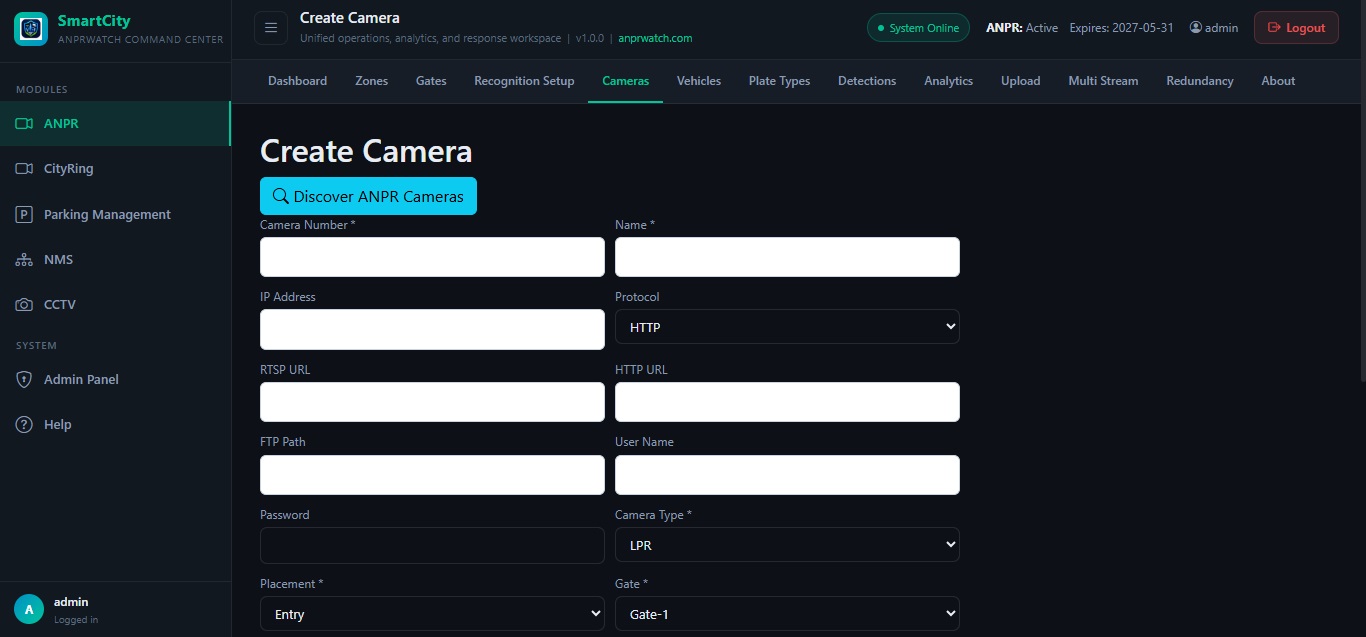 ANPR Camera Setup screenshot